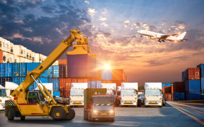 Business Logistics and transportation concept of Container Cargo ship and Cargo plane with working crane bridge in shipyard at sunrise, logistic import export and transport industry background (Business Logistics and transportation concept of Containe